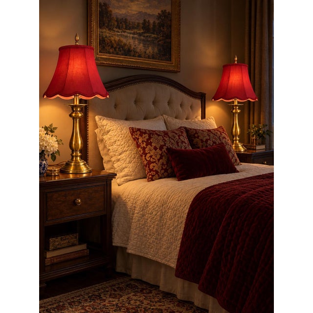 Contemporary Vintage Stiffel Brass Candlestick Table Lamps With Red Scalloped Shades - Pair For Sale - Image 3 of 7