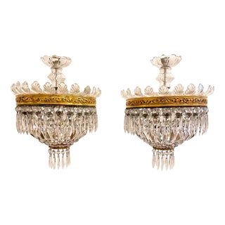 Italian Crystal and Bronze Two-Light Ceiling Lamps, 1960s, Set of 2 For Sale