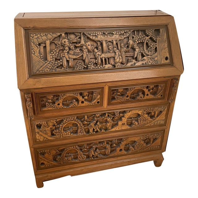 Vintage Asian Hand Carved DropLeaf Secretary Desk Chairish