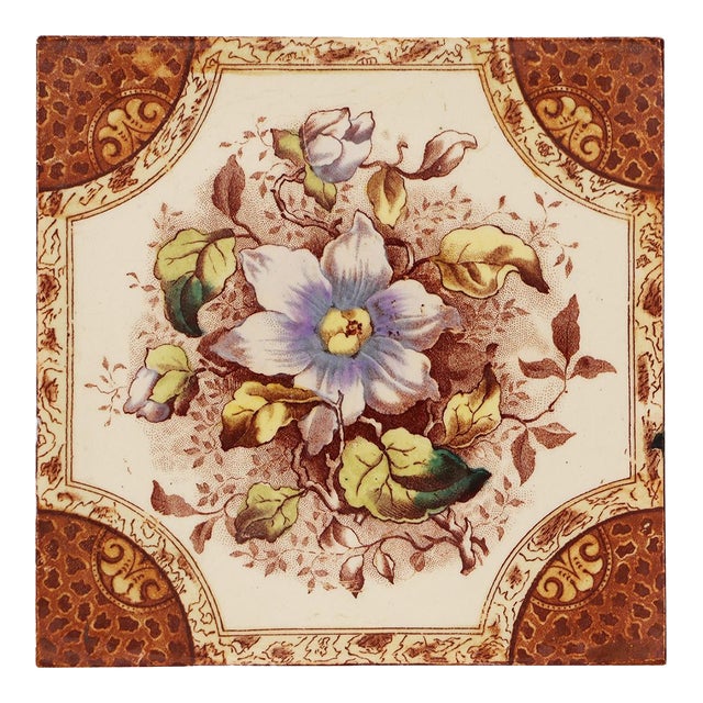 Victorian Floral Tile, 1900s Earthenware For Sale
