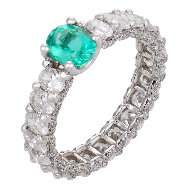 Mid 20th Century Lugano Gia Brazilian Paraiba Tourmaline Diamond 18k White Gold Wedding Band, Size 6.75 For Sale