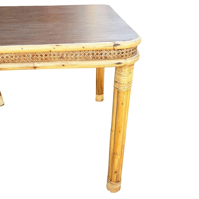 Yellow 1950s Restored 4-Strand Legs Rattan Dinette Dining Table W/ Formica Top & Wicker Sides For Sale - Image 8 of 9