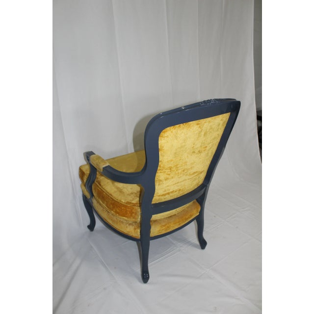 Refinished Antique Chair Navy Blue High Gloss Finish & Yellow Upholstery For Sale - Image 4 of 6