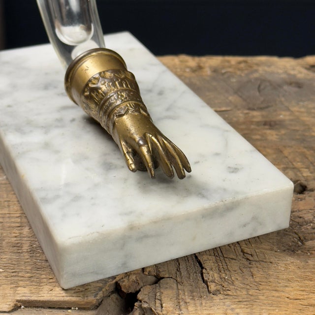 Pair of Antique Art Nouveau Hand Blown Glass Cornucopia Vases With Gilt Bronze Hands For Sale - Image 10 of 12