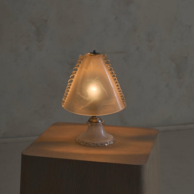 Art Deco Petite Italian Art Deco Etched Murano Glass Lamp, 1940s For Sale - Image 3 of 13