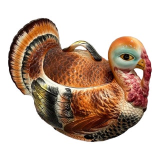 1980s Handpainted Ceramic Turkey Soup Tureen With Lid For Sale