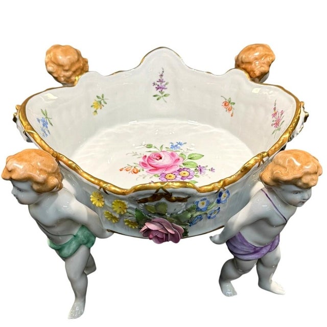 Metal Von Schierholz Germany C. 1930–1945 Porcelain 4 Cherubs Handmalerei Centerpiece For Sale - Image 7 of 17