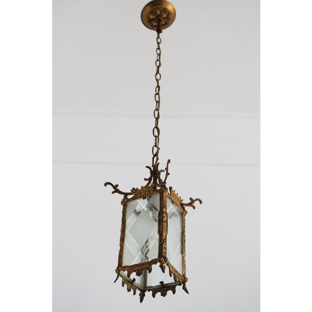 Metal Antique Japanese Style Brass and Etched Glass Hanging Lantern, Early 20th Century For Sale - Image 7 of 18