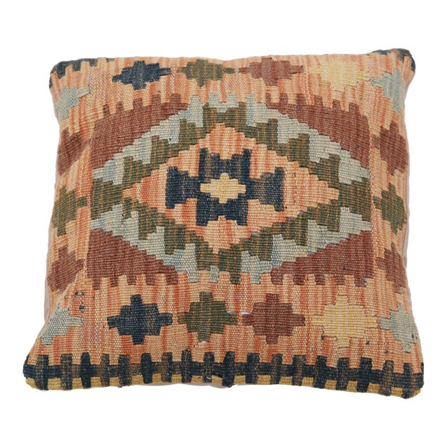 Arteverk Handwoven Afghan Kilim Pillow — Orange & Olive Diamond Medallion For Sale