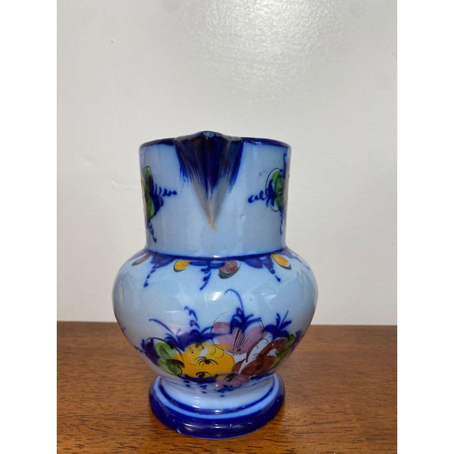 Vintage Vestal Alcobaca Portugal Pottery Hand Painted Floral Blue Pitcher For Sale - Image 4 of 10