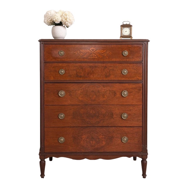 Antique Inlaid Mahogany Five-Drawer Chest, Circa 1900 — Federal Revival Companion Piece For Sale