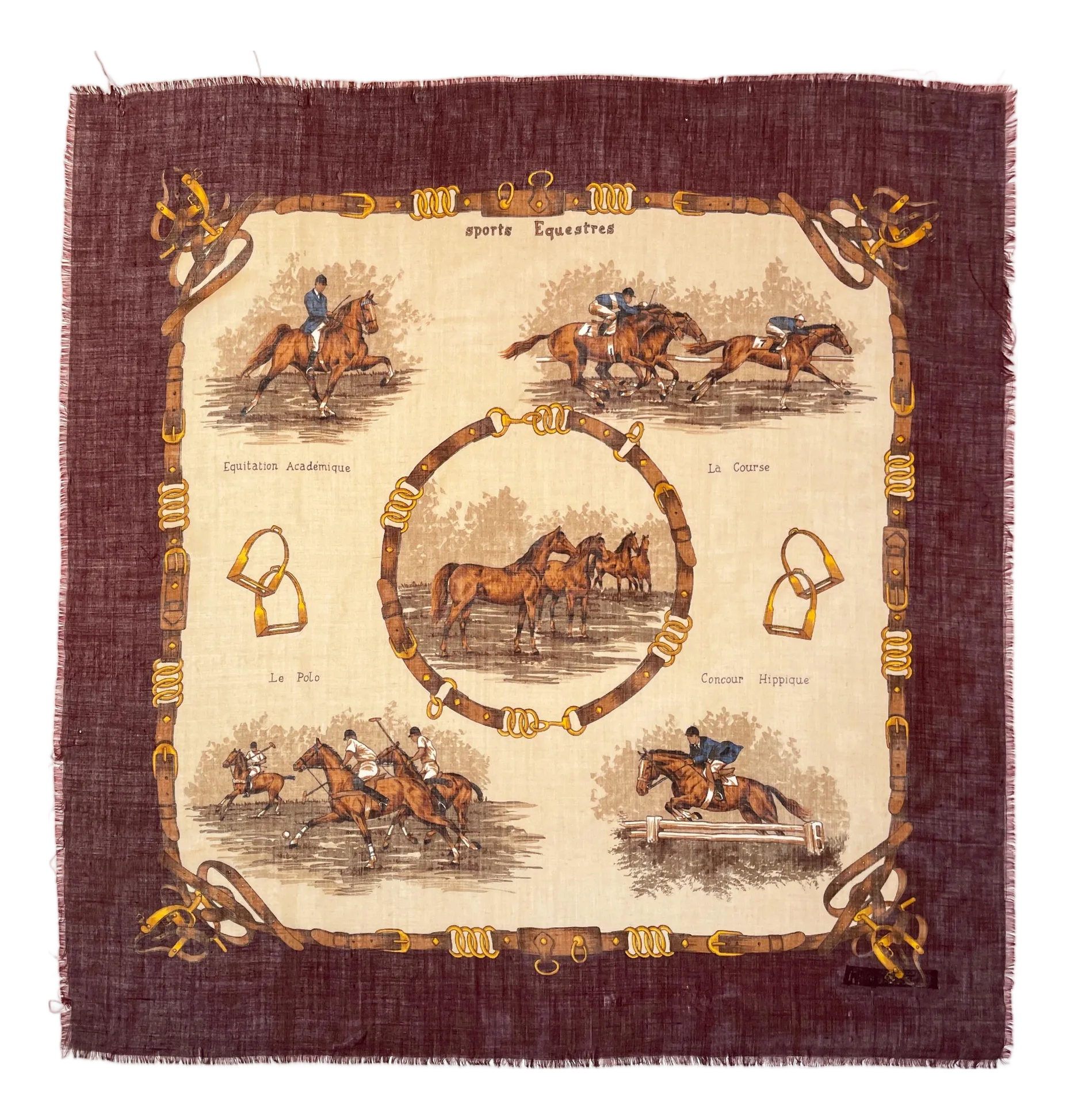 1980s Ralph Lauren Equestrian Themed Cashmere and Silk Scarf