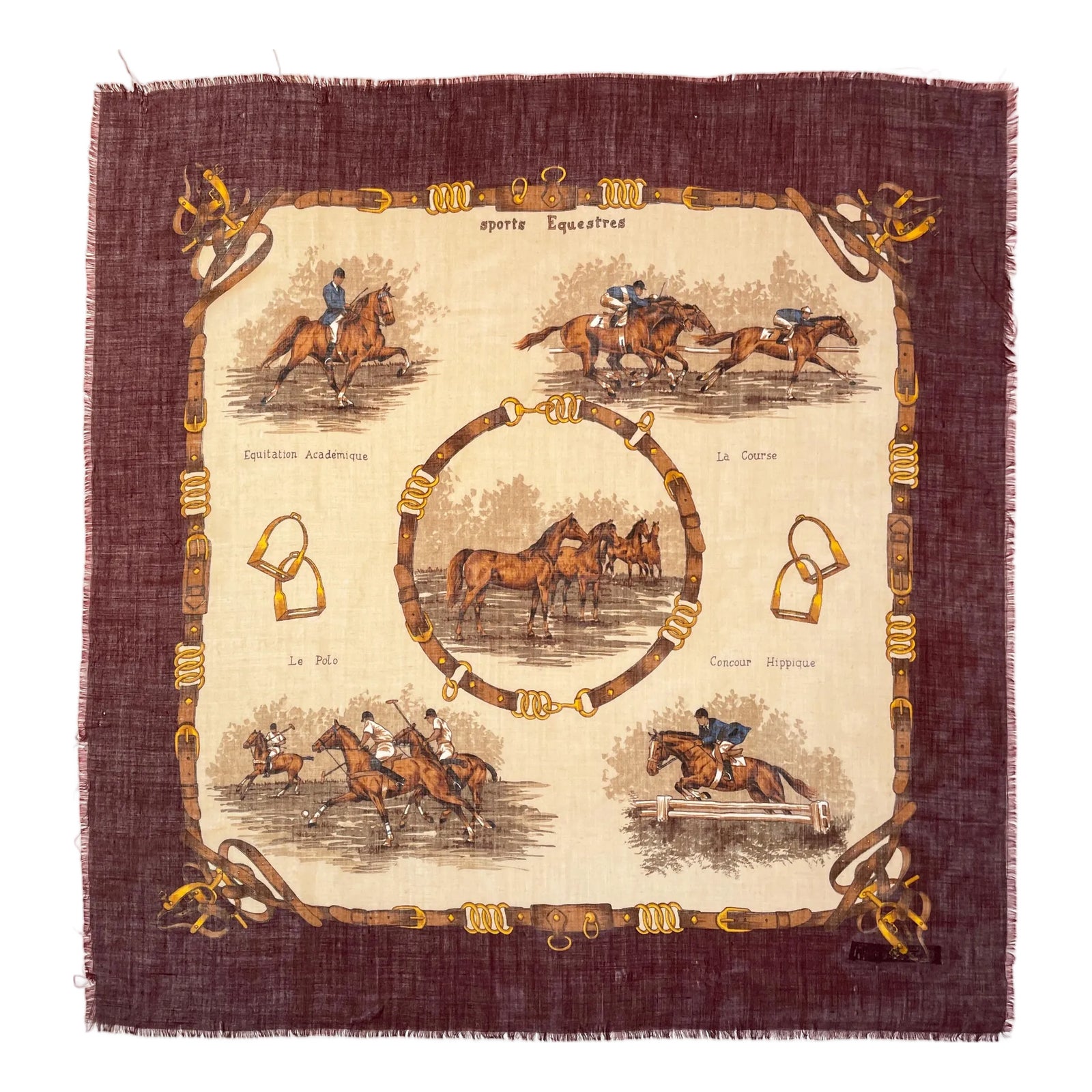1980s Ralph Lauren Equestrian Themed Cashmere and Silk Scarf 