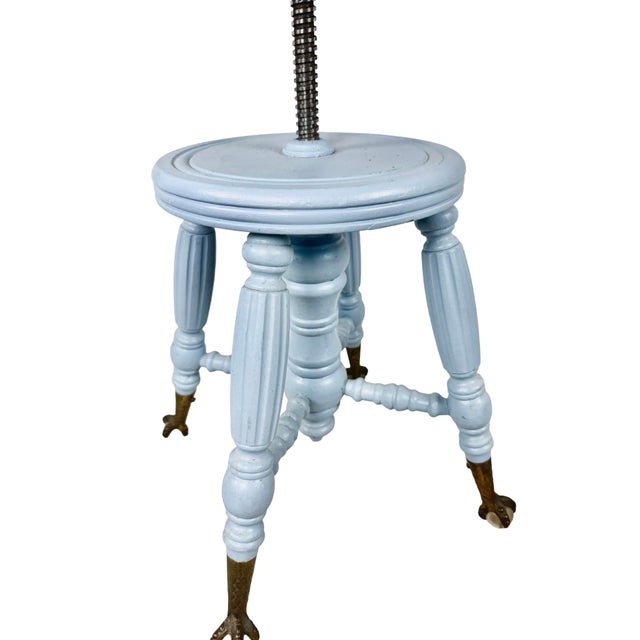 Baby Blue Victorian Adjustable Piano Stool in Powder Blue Paint, Claw & Glass Ball Feet For Sale - Image 8 of 17