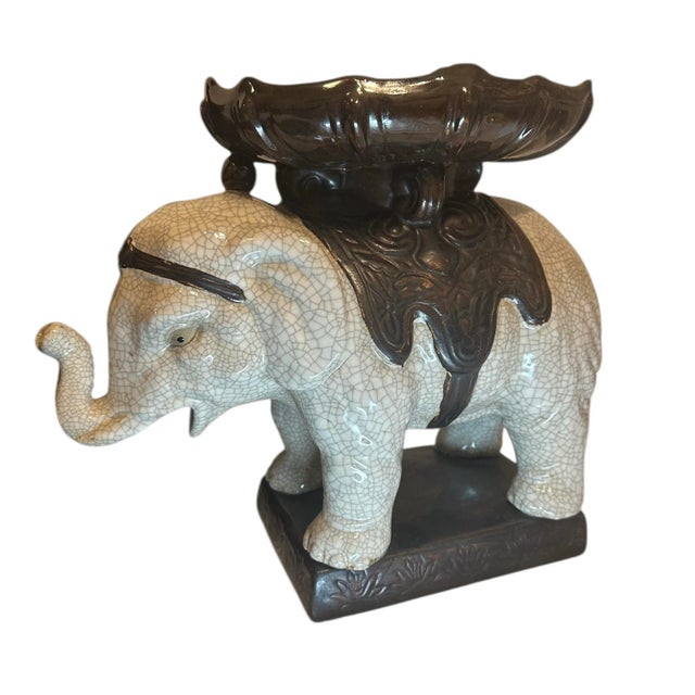Vintage Glazed Ceramic Elephant Plant Stand With Decorative Bowl For Sale In Birmingham - Image 6 of 12