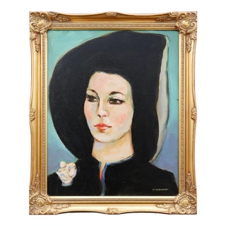 20th Century Teal-Toned Abstract Figurative Portrait of Woman With a Black Hat by Armando For Sale