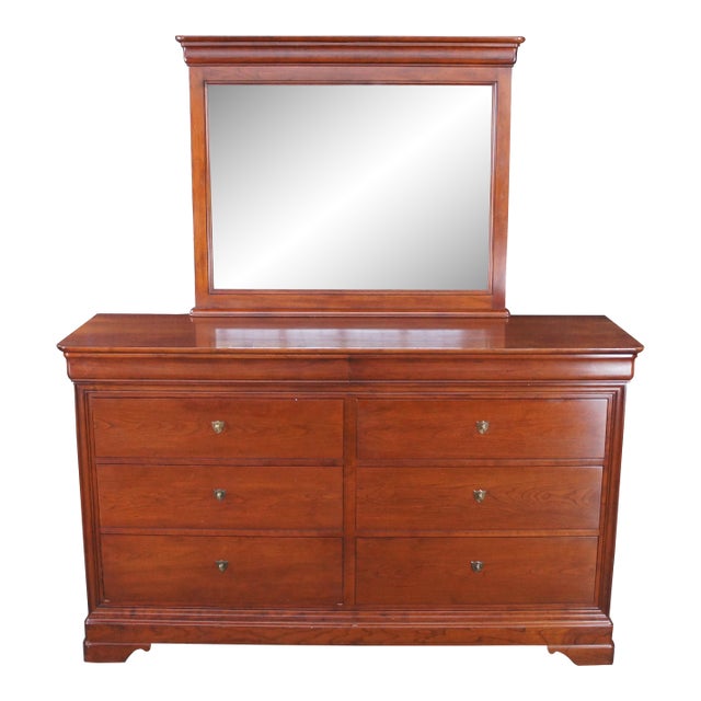 Late 20th Century Stickley French Louis Philippe Style Cherry Double Dresser & Mirror Hidden Stash For Sale