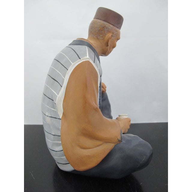 Navy Blue Japanese Hakata Urasaki Ceramic Doll Figurine of Man Drinking Tea For Sale - Image 8 of 9