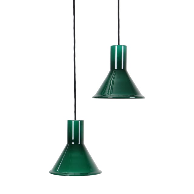 Mini-P&T Hanging Lamps in Green Glass by Michael Bang for Holmegaard, 1970s, Set of 2 For Sale