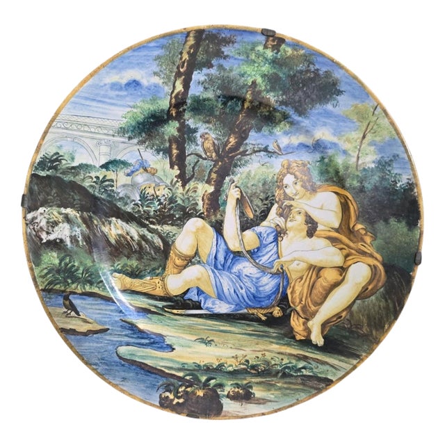 19th Century Italian Charger with Rinaldo and Armida Motif from Istoriato Maiolica, 1880 For Sale