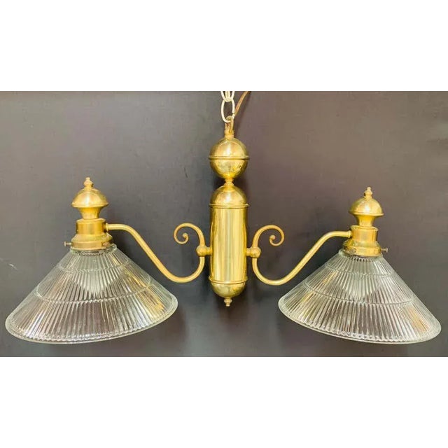 Traditional Georgian Brass Two Flared Glass Shades Pendant or Chandelier For Sale - Image 3 of 13