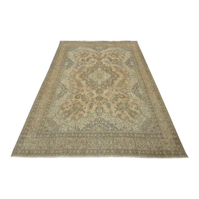 Tabriz Rug 9’4” X 12’8” Pink Wool Vintage Distressed Hand-Knotted Carpet For Sale