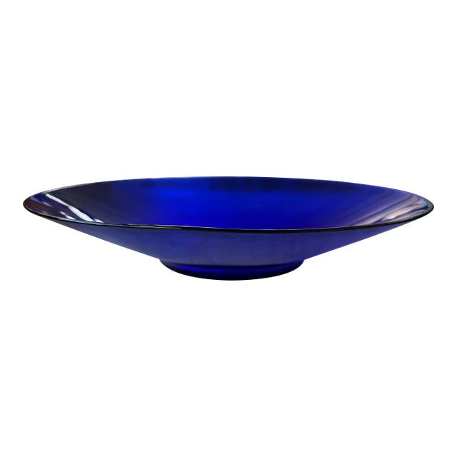 Vintage Large Shallow Cobalt Blue Decorative or Serving Bowl For Sale