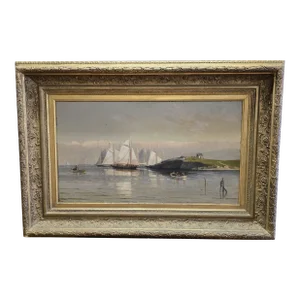 Antique 1877 William Wilson Cowell Oil on Canvas Coastal Marine Seascape Luminist Painting New England