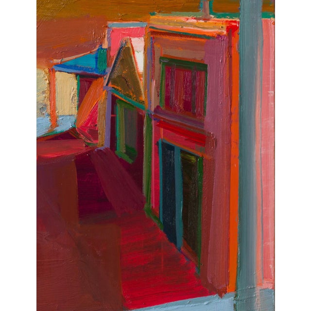Contemporary Corner Street No. 2 by Hiroshi Sato | Oil on Canvas Abstract depiction of a street corner with buildings. For Sale - Image 3 of 5