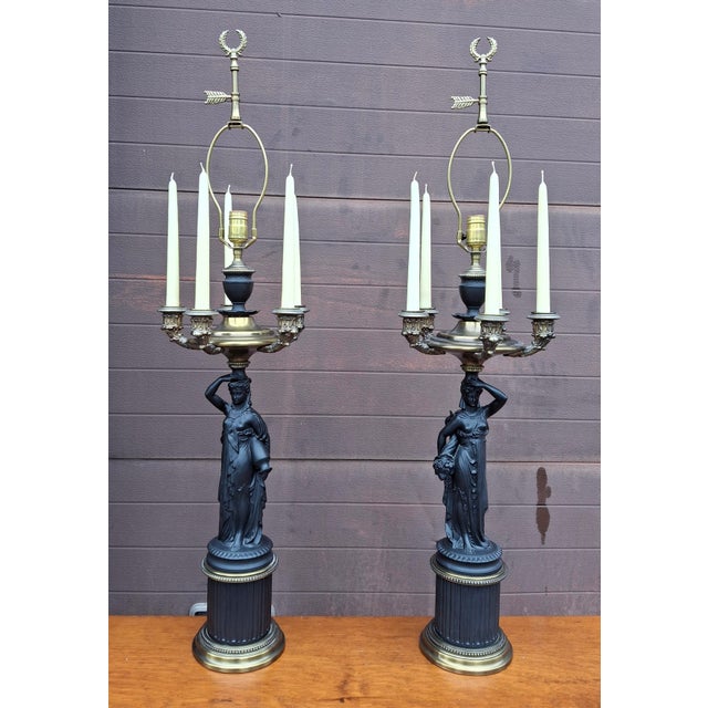 Mid 20th Century Pair P Hanson Attributed Napoleon III Gilt and Patinated Bronze Figural Five-Arm Candelabra Lamps For Sale In Washington DC - Image 6 of 16