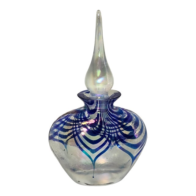 Pulled Feather Glass Perfume Bottle With Iridescent Finish For Sale