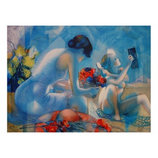 Jean-Baptiste Valadie, Blue Breeze: Mother and Daughter, Original Lithograph For Sale