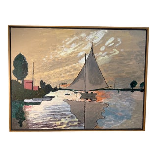 Vintage Sailboat Painting on Canvas. Absolute Charming Version of Monet Sailboat at Le Petit-Gennevilliers For Sale