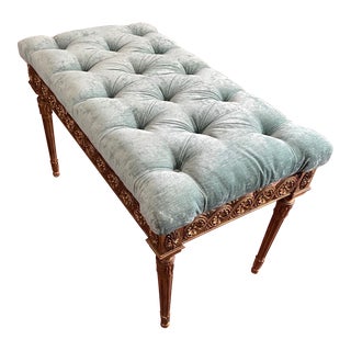1980s Hollywood Regency Gold Gilded Aqua Tufted Bench For Sale