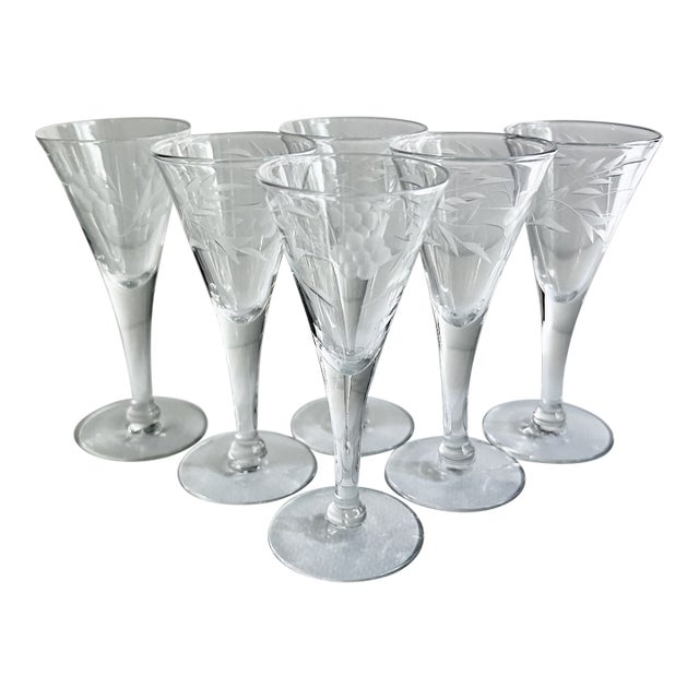 Vintage Duncan Etched Crystal Apertif Glasses by Avitra - Set of 6 For Sale