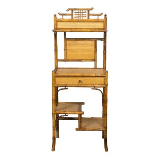 English 1900s Bamboo Freestanding Shelf with Rattan Accents and Single Drawer For Sale