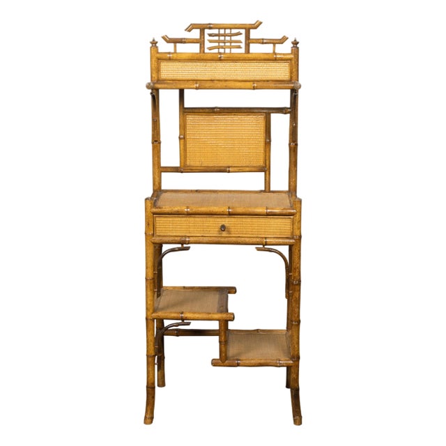 English 1900s Bamboo Freestanding Shelf with Rattan Accents and Single Drawer For Sale