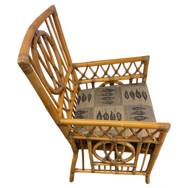 Palecek Palecek Rattan Armchair With Custom Leaf Upholstery, Campaign, Coastal, Boho For Sale - Image 4 of 12