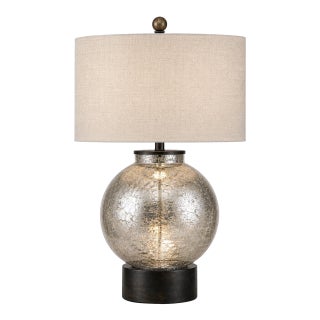 Late 20th Century Crackle Glass Globe Table Lamp With Dark Wood Base & Linen Drum Shade — 27” For Sale