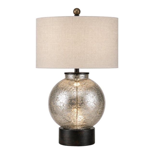 Late 20th Century Crackle Glass Globe Table Lamp With Dark Wood Base & Linen Drum Shade — 27” For Sale
