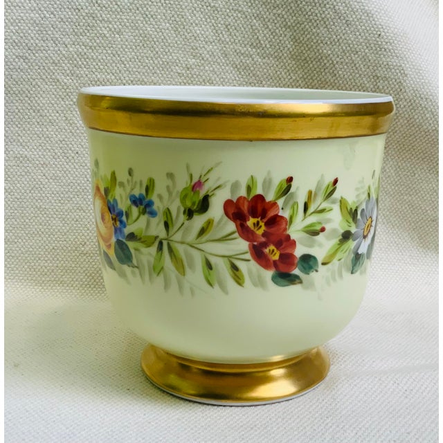 Vintage Hand-Painted Porcelain Cachepots, Floral With Gilt Rim - A Pair For Sale - Image 6 of 18
