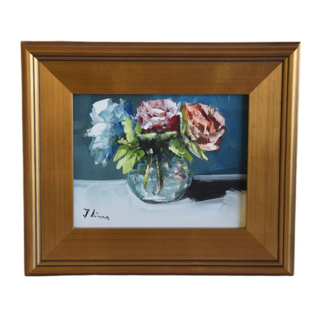 2020s Colorful Mixed Bouquet of Flowers Oil Painting Including the Antiqued Gold Wood Frame For Sale - Image 5 of 7