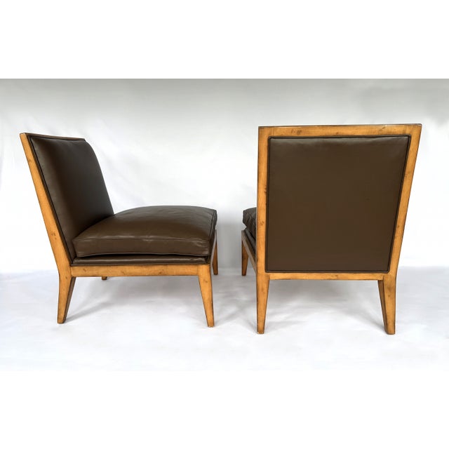 Late 20th Century Pair of Late 20th Century Swaim Modern Brown Leather Armless Oak Slipper Chairs For Sale - Image 5 of 6