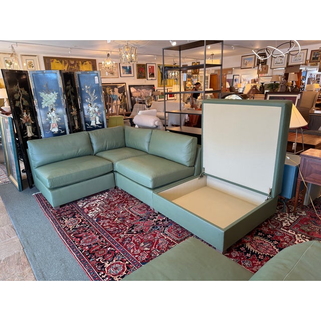 Fitzgerald Modular Teal Leather Sofa With Storage Ottoman, Set For Sale - Image 11 of 17