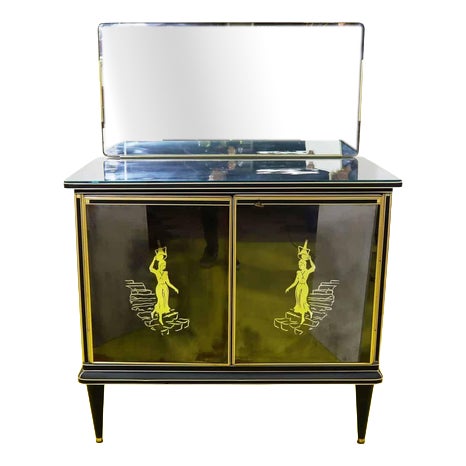 Decorated Glass Vanity with Mirror and Gilt Inserts For Sale