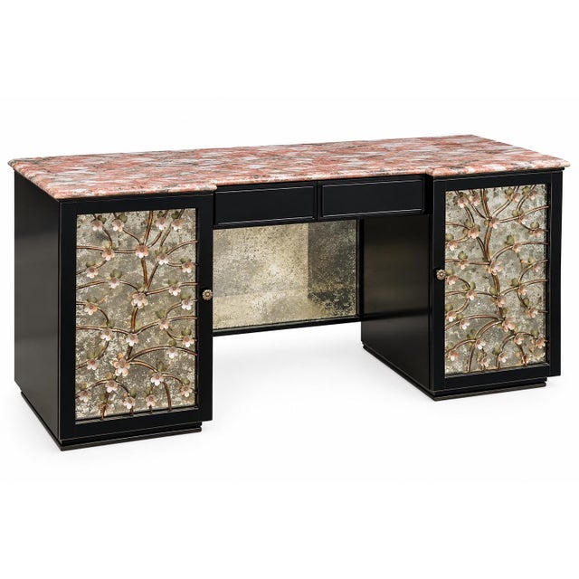 Hollywood Regency Lacquered & Mirrored Credenza / Vanity / Desk /Sideboard W/ Pink Marble & Tole Doo For Sale - Image 9 of 11