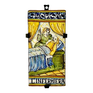 Vintage Rustic European Mediterranean Italian Castillo Tin-Glazed Majolica Hand-Painted Tile, Iron Bracket For Sale