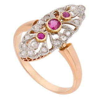 1910s French Belle Époque Ruby Diamond 18k Rose Gold Navette Ring, Size 7.25 For Sale