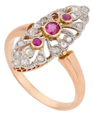 1910s French Belle Époque Ruby Diamond 18k Rose Gold Navette Ring, Size 7.25