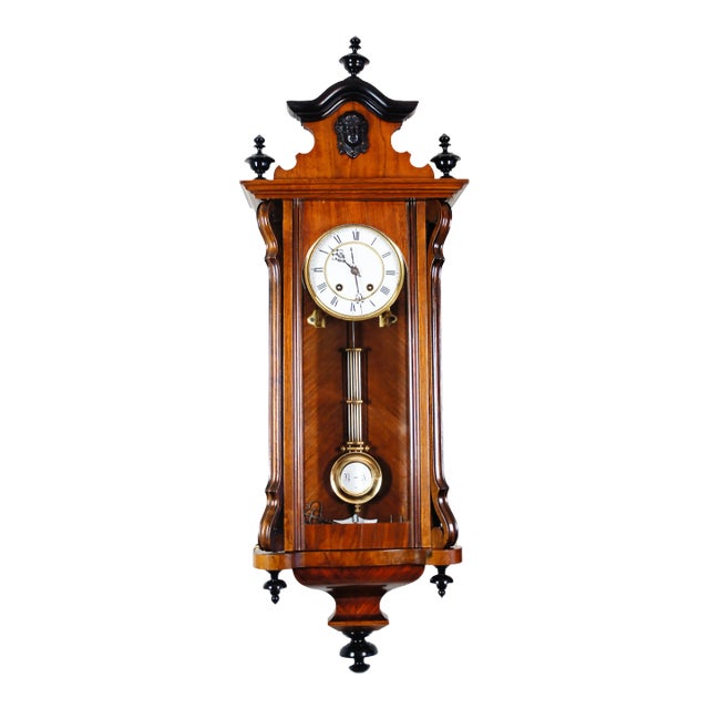 1892 Antique German Mechanical Wooden Wall Clock With Pendulum by Lenzkirch With Carved Columns Model 688 For Sale